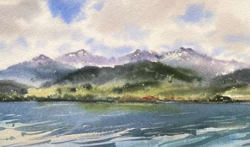 Sommerliche Berglandschaft in Aquarell